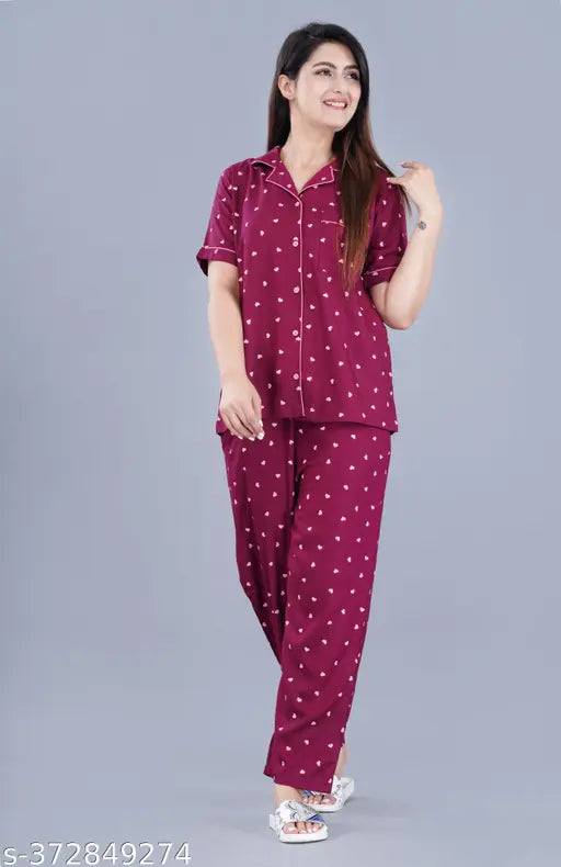 Printed rayon nightwear shirt & pyjama set for women, collared neck and short sleeves