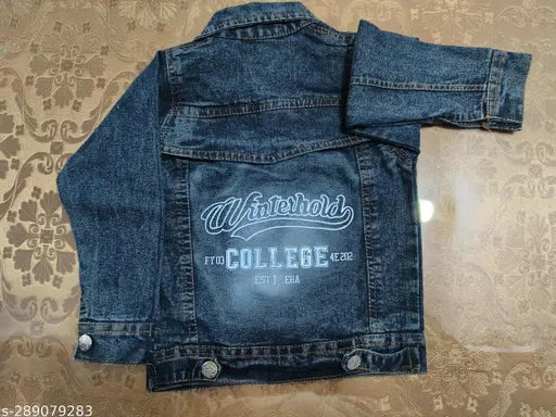 Latest designer blue denim jacket with "WASHFIELD COLLEGE" logo on the back, button closure