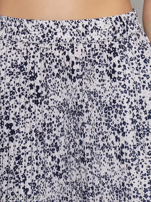Printed pleated chiffon skirt for women, mid-calf length, stretchable fabric
