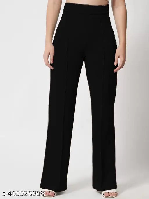 High-rise trendy bell-bottom trousers for women, black material