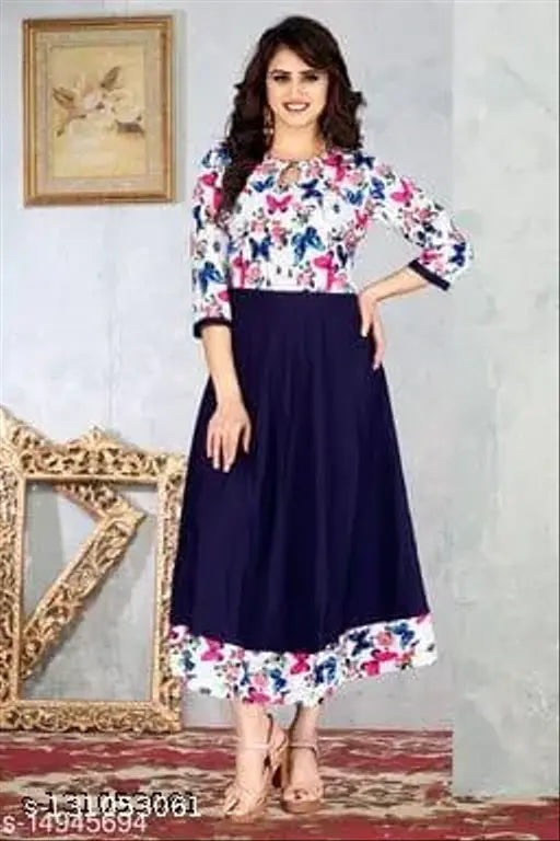 Woman in floral kameez, navy blue material