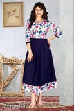 Woman in floral kameez, navy blue material
