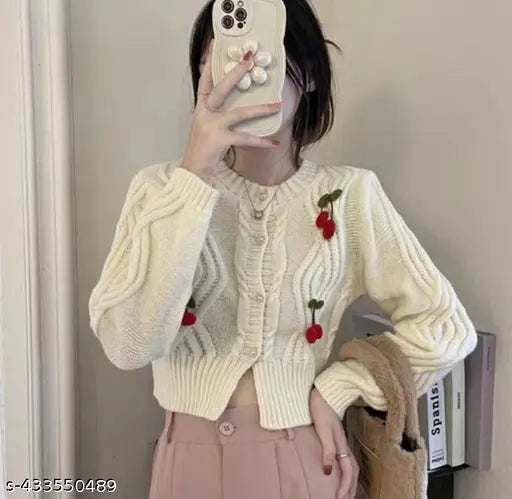 Imported winter cherry wool cropped cardigan sweater, cream with red cherries detail, long sleeves, stay cozy this season
