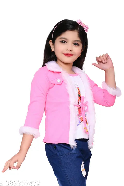 Pink cotton top, pink faux fur jacket girls' fashion