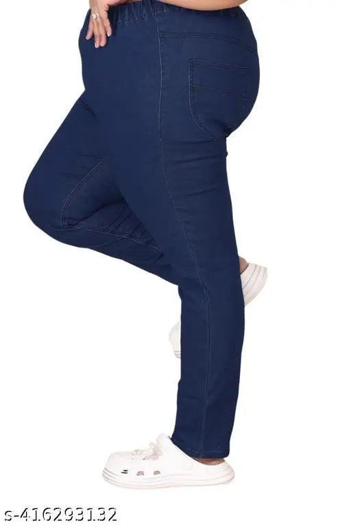 Blue plus-size denim jeggings with premium quality and Lycra stretch, featuring a solid blue pattern. Ideal for comfortable everyday wear, length is consistent at 40 inches across all waist sizes listed (2xl - 9xl). Made in India