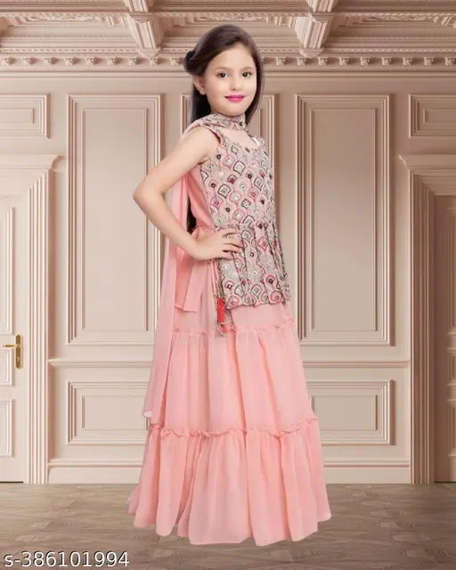 Kids girls georgette lehenga choli set with dupatta, ready-to-wear. Embroidered ruffle stitch design, sleeveless top. Suitable for parties, weddings, celebrations, and festivals. Varying sizes from 7-18 years. Made in India