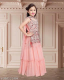 Kids girls georgette lehenga choli set with dupatta, ready-to-wear. Embroidered ruffle stitch design, sleeveless top. Suitable for parties, weddings, celebrations, and festivals. Varying sizes from 7-18 years. Made in India