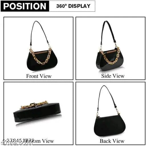 Chic shoulder slingbag, black leather, gold accents