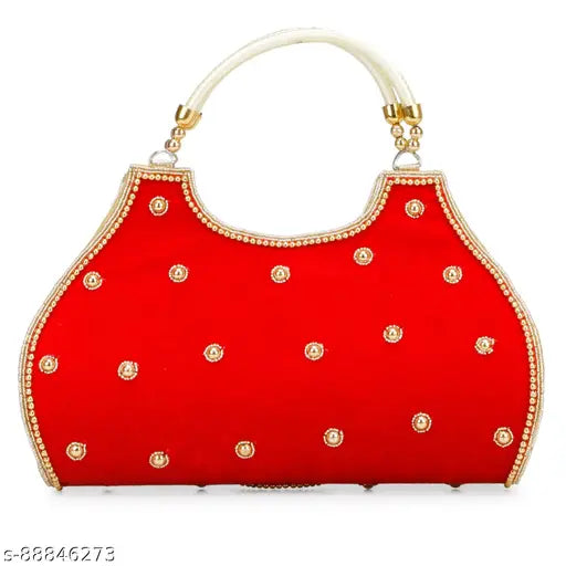 Red sequin clutch with gold trim