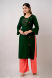Bottle Green Rayon Kurta & Plazo set with embroidered net details, perfect for festive wear or weddings