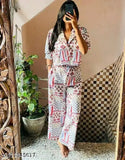 Rayon top-polycotton bottom trendy fashion set with three-quarter sleeves, Indian origin