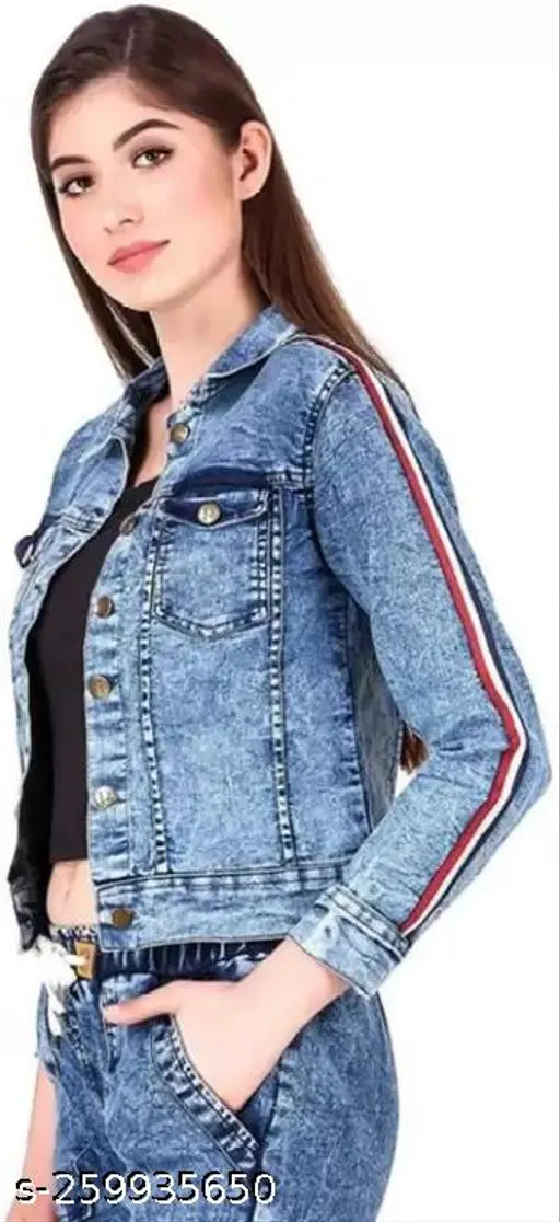 Long-sleeve striped denim jacket, solid pattern, women's wear by Saman Fashion Wear, size S (34in bust, 22in length), made in India