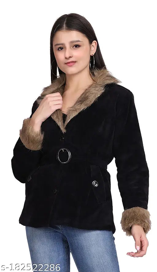 Black fur-lined winter coat with belt