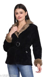 Black fur-lined winter coat with belt