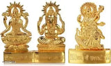 Brass Laxmi-Ganesha-Saraswati triple idols, 12cm tall, traditional Indian God figurines