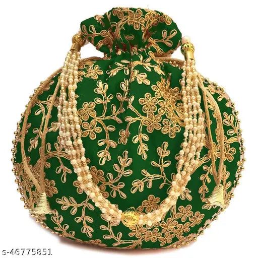Embroidered net fabric Potli Pack of 2 (Green-Pink), traditional Indian bag set, 21x22 cm dimensions