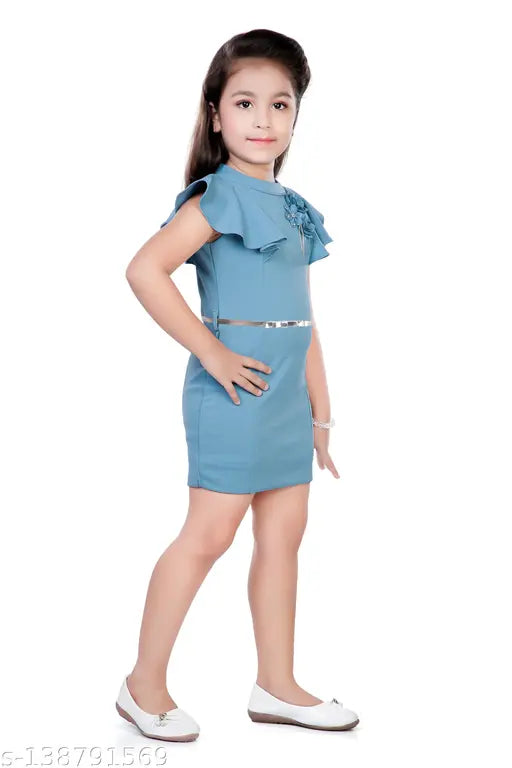 Stretchy mini party dress in self-design net, polyester material, 13-14 years size with shoulder frill and fashionable belt detail, handwork flower on neck, lining inside, zipper back closure - India origin