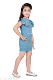 Stretchy mini party dress in self-design net, polyester material, 13-14 years size with shoulder frill and fashionable belt detail, handwork flower on neck, lining inside, zipper back closure - India origin