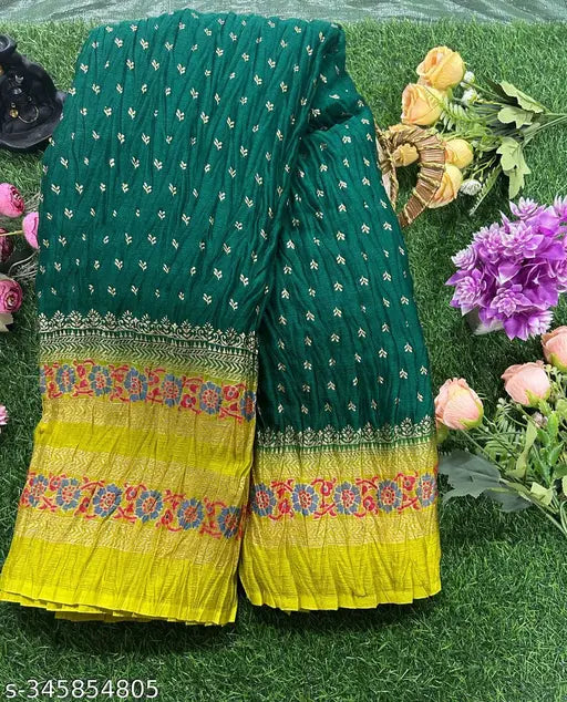 Moss silk foil printed summer saree with zari woven net and khajuri work, free size, India-made