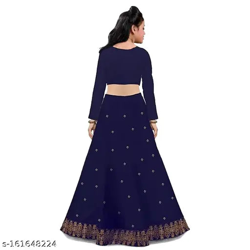 Navy Blue Kids' Taffeta Silk Lehenga Set with Embroidered Dupatta, multiple sizes available from 3-12 years