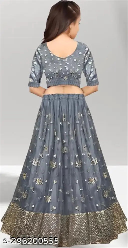 Indian semi-stitched floral embroidered net Lehenga, Choli, & Dupatta set for kids aged 3-15 years, perfect for festive occasions