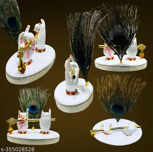 Marble dust small white Krishna hand statue with brass flute, ideal for car dashboard, living room, office, home decor (4 inch)