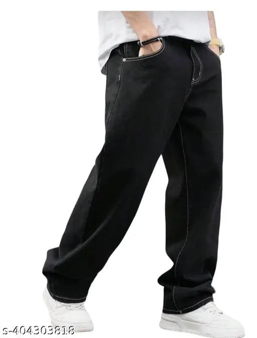 Denim baggy pants, black with white lining, loose fit, high-quality fabric, size 28/30, road style, made in India