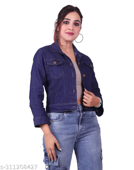 Dark blue denim women's jacket, long sleeves, solid pattern, S-XL sizes available