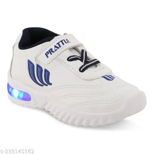 White casual sports shoes with blue accents and LED lights, velcro closures