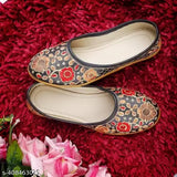 Black leather LEEFANT Jaipuri embroidery ballerina juttis for women's wedding party, slip-on style with soft cloth straps. Handcrafted in India