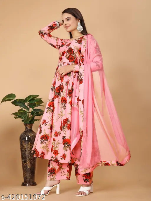 Georgette Georgette & Georgette women's floral designer gown with long sleeves, solid pattern from Pragati, Indian-made, size S-XXL