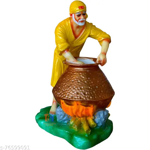 Yellow Shirdi Saibaba Handi Cooking Idol Marble Dust figurine, Indian god figure 5.5 x 7.5 x 3 inches