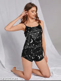 Black modal round neck, sleeveless PUSHBELA women's pajama set with lace trim, featuring a spaghetti top and short pants. Printed net design, drawstring waist, fits M, L, XL, Free Size. Stylish nighty set for daily use, soft Lycra satin fabric. Origin: India