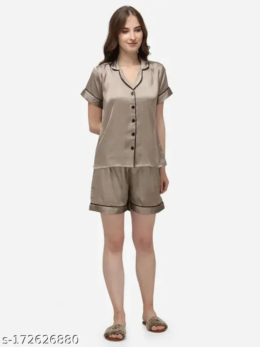 Copper Gold satin night suit set dress, women's half sleeve sleepwear in solid design, made in India