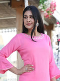 Rayon Aakarsha refined women's kurta and palazzos set, solid-colored three-quarter sleeve style from India