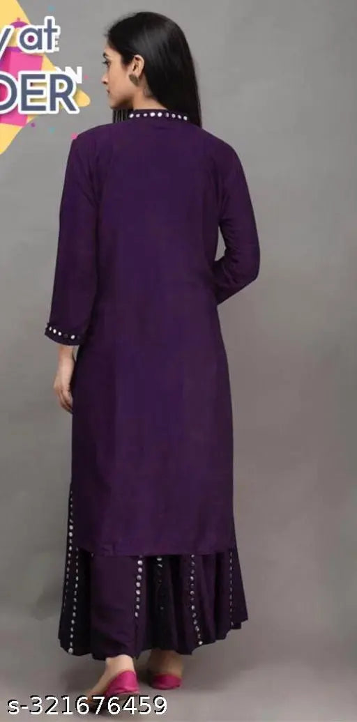 Trendy aari mirror work viscose rayon kurta Palazzo set, solid net, three-quarter sleeves for beautiful women, India origin