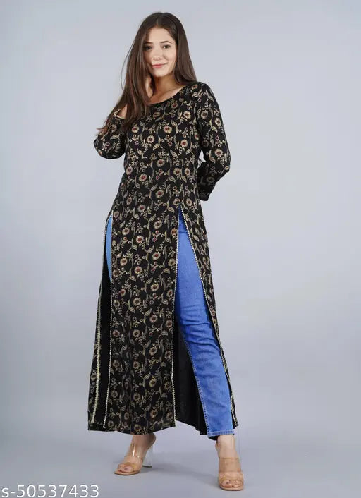 Rayon flared A-line kurti, printed combo for women, three-quarter sleeves, trendy fit and flare style from India. S: 36 in bust, XL: 42 in bust