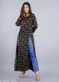 Rayon flared A-line kurti, printed combo for women, three-quarter sleeves, trendy fit and flare style from India. S: 36 in bust, XL: 42 in bust