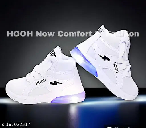 White sneakers with blue laces and the word "HOOP" in black