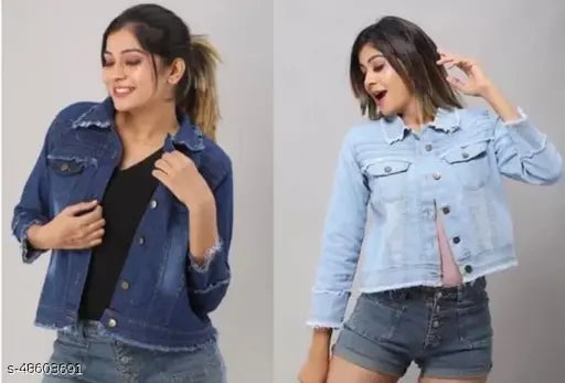 Denim, trendy latest women's solid jacket with long sleeves. Available in S, M, L, XL from India