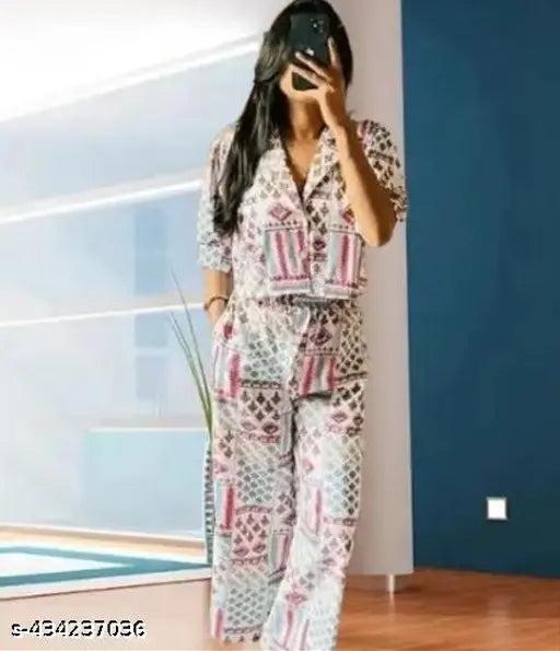 Women's rayon jumpsuit combo, printed net three-quarter sleeve outfit on mannequin