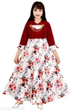 Maroon three-quarter sleeve girls maxi dress, cotton blend western wear for special occasions, Indian-made stylish girls' gown