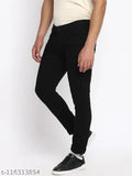 Black stretchable denim jeans by Woomny - premium quality men's jeans with a solid black finish and comfortable fit. Available in sizes 30, 32, and 34 (30x39, 32x39, 34x39). Made in India