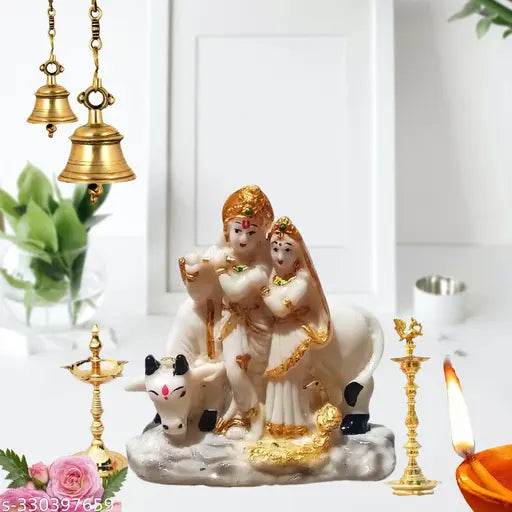 High-quality polyresin Radha Krishna Murti with Kamdhenu Cow statue. Decorative showpiece for home living room (6cm L x 10cm H x 9cm W)