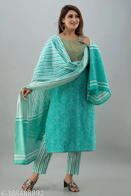 Aqua blue cotton dupatta set with gold embroidery, lightweight design for everyday wear