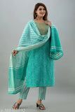Aqua blue cotton dupatta set with gold embroidery, lightweight design for everyday wear