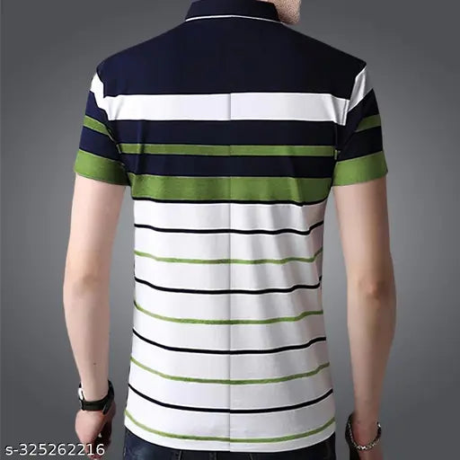 Cotton blend, horizontal stripes polo t-shirt for men, regular fit, short sleeves