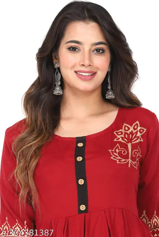 Red rayon anarkali kurti with floral embroidery, long sleeves
