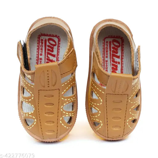 Tan synthetic velcro flip flops with footrests