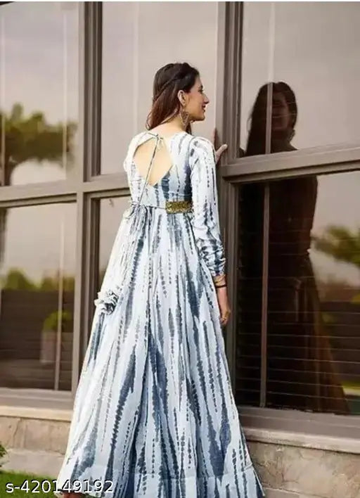 White long-sleeved Georgette gown with printed design, Indian origin, suitable for festivals and parties